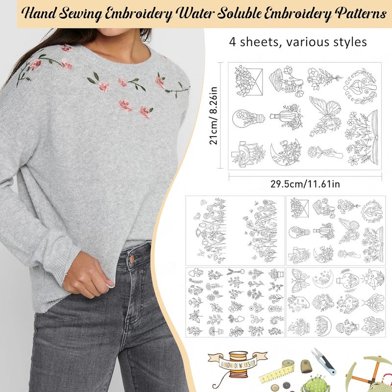 CRASHOT Water Soluble Embroidery Patterns Stabilizer - 4 Sheet Stick & Stitch Embroidery Paper Wash Away, Mushroom Moon Flower Floral Book Butterfly Designs, Suprise for Hand Sewing Lover - Image 2